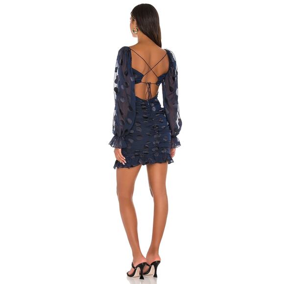 New For Love & Lemons Lula Mini Dress Blue Polka Dot Ruched Cut Out Zip Sz M - Picture 4 of 12